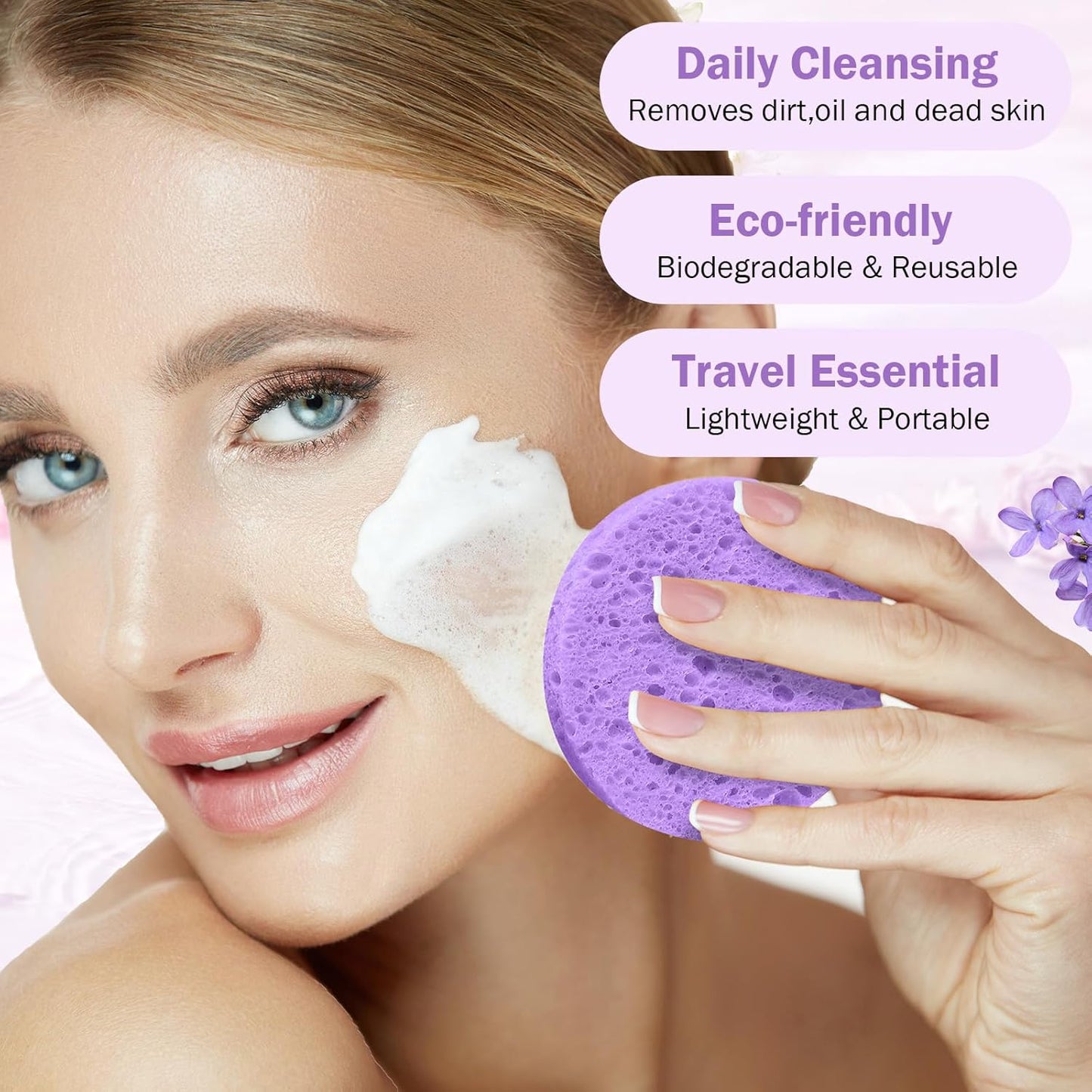 Amyhill 300 Count Compressed Facial Sponges Natural Face Sponges for Cleansing Disposable Facial Exfoliating Pads for Estheticians(Purple)