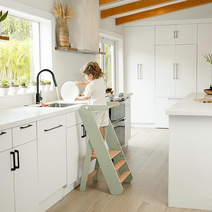 Comfy Cubs Kids Step Stool for Ages 3+, 3 Height Adjustable Toddler Tower, Montessori Furniture Designed in The US - Toddler Standing Tower for Kitchen Sink & Bathroom Access - Sage