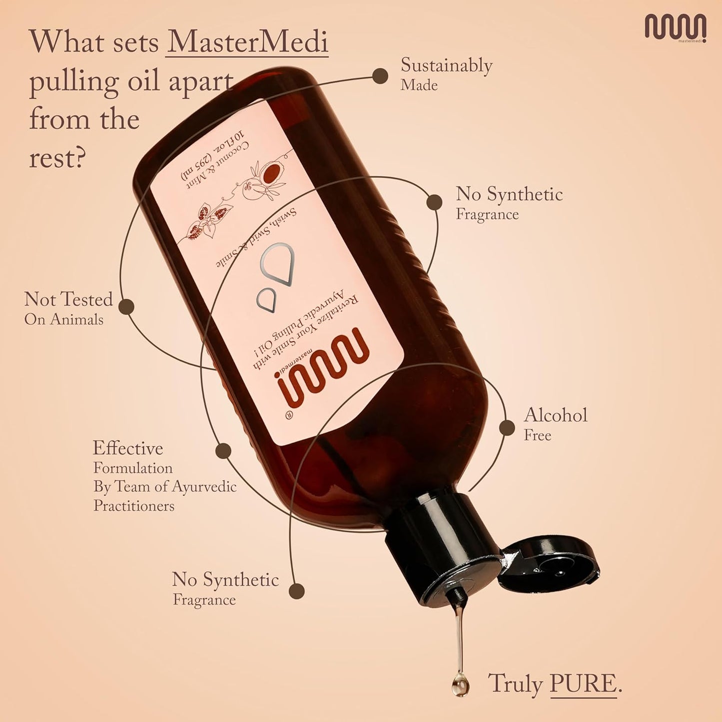 MasterMedi Coconut and Peppermint Oil Pulling (10 Fl.Oz), Mint Oil Pulling Mouthwash, Alcohol Free Natural Coconut Oil Pulling for Teeth Whitening,Fresh Breath and Healthier Gum (Pack of 1)