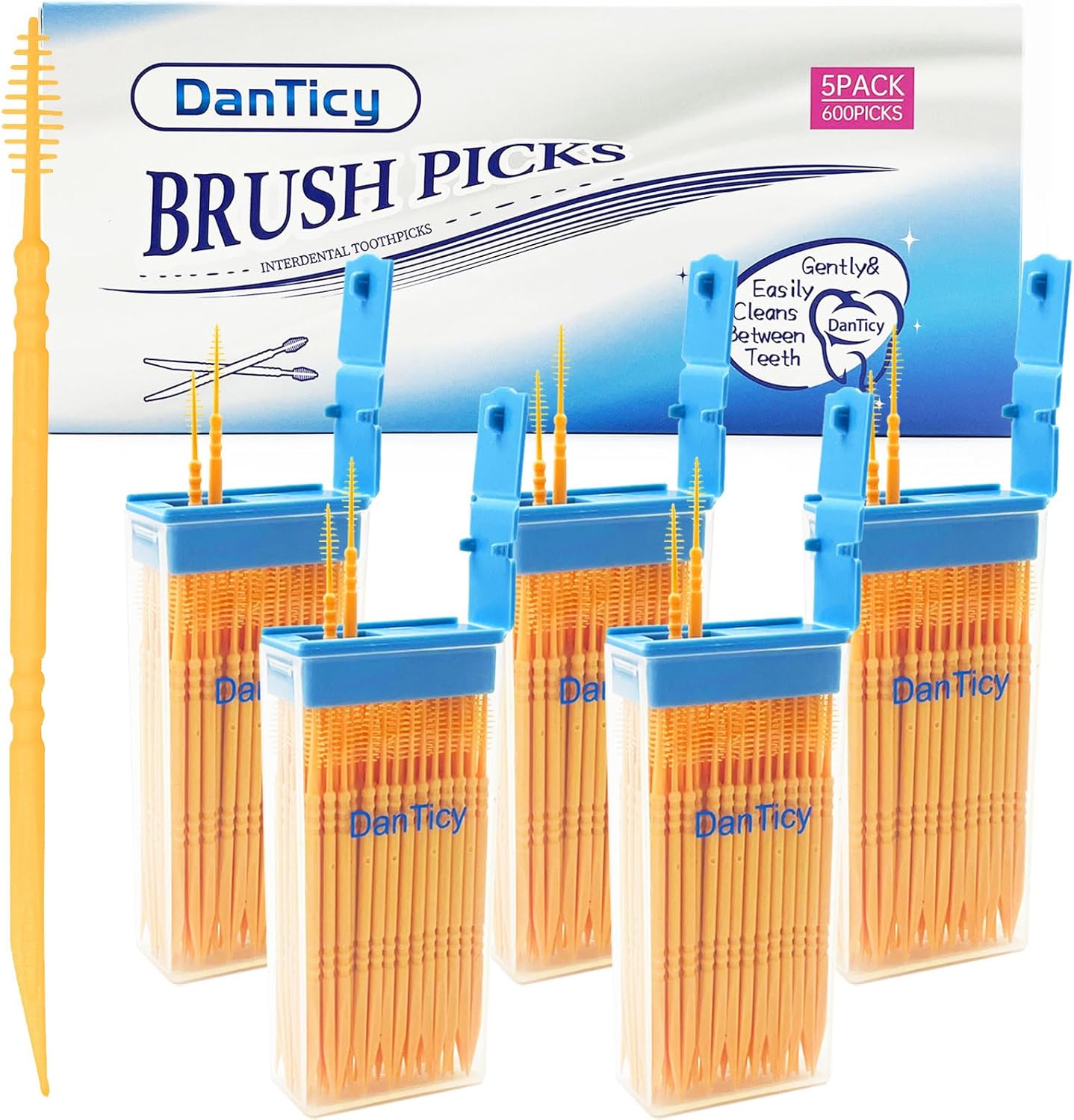 Brushpicks Interdental Toothpicks,Soft Bristle Dental Floss Picks Toothpicks,Helps Removes Plaque and Debris Between Your Teeth 600PCS (Pack of 5) Orange
