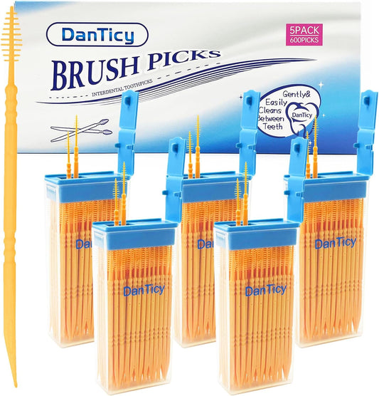 Brushpicks Interdental Toothpicks,Soft Bristle Dental Floss Picks Toothpicks,Helps Removes Plaque and Debris Between Your Teeth 600PCS (Pack of 5) Orange