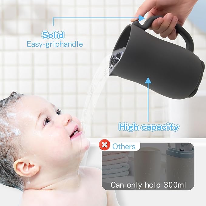 mandoo Baby Bath Rinse Cup - Food Grade Silicone - Shampoo & Body Washing Rinser Cup For Kids with Easy Grip Handle to Rinse Baby Shampoo and Soap - Baby Essentials (Dark Gray)