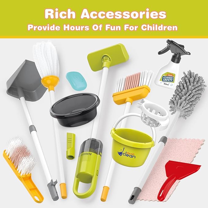 Toddler Cleaning Set with Working Vacuum, Kids Cleaning Toy Set, Broom and Dustpan Mop Cleaner Working Pretend Play Kit That Really Works Montessori Cleaning Supplies for Toddlers Baby Children Size