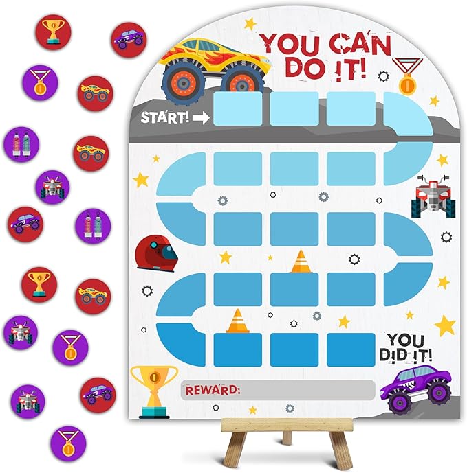 Truck Reward Chart, Behavior Chart for Kids at Home, Wooden Incentive Chart Signboard with 24 Tokens, Colorful Sticker Charts Classroom Essentials -08