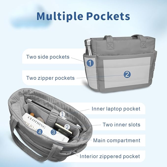 TOPDesign Puffer Tote Bag for Women, Lightweight Puffy Handbag with Compartments, Quilted Shoulder Bag for Work, Travel, Gym