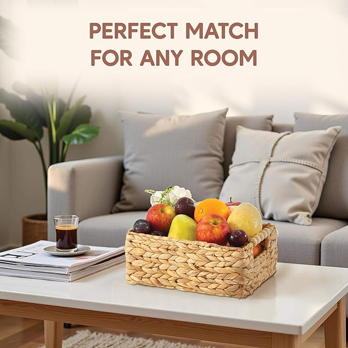 Greenatural Water Hyacinth Storage Baskets Set of 2, Handwoven Rectangular Organizer Trays with Wooden Bead Handles, Nested Wicker Bins for Shelf, Bathroom, Kitchen, Office, Natural Decor