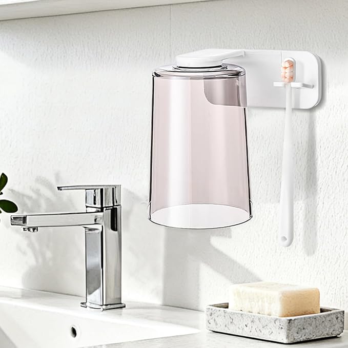 Toothbrush Organizer - Mouthwash Cup Set, Wall Mounted Toothbrush Storage, Bathroom Fixture with Compact Mount Design, Hygiene Rack for Home Apartment Dorm Office Hotel RV