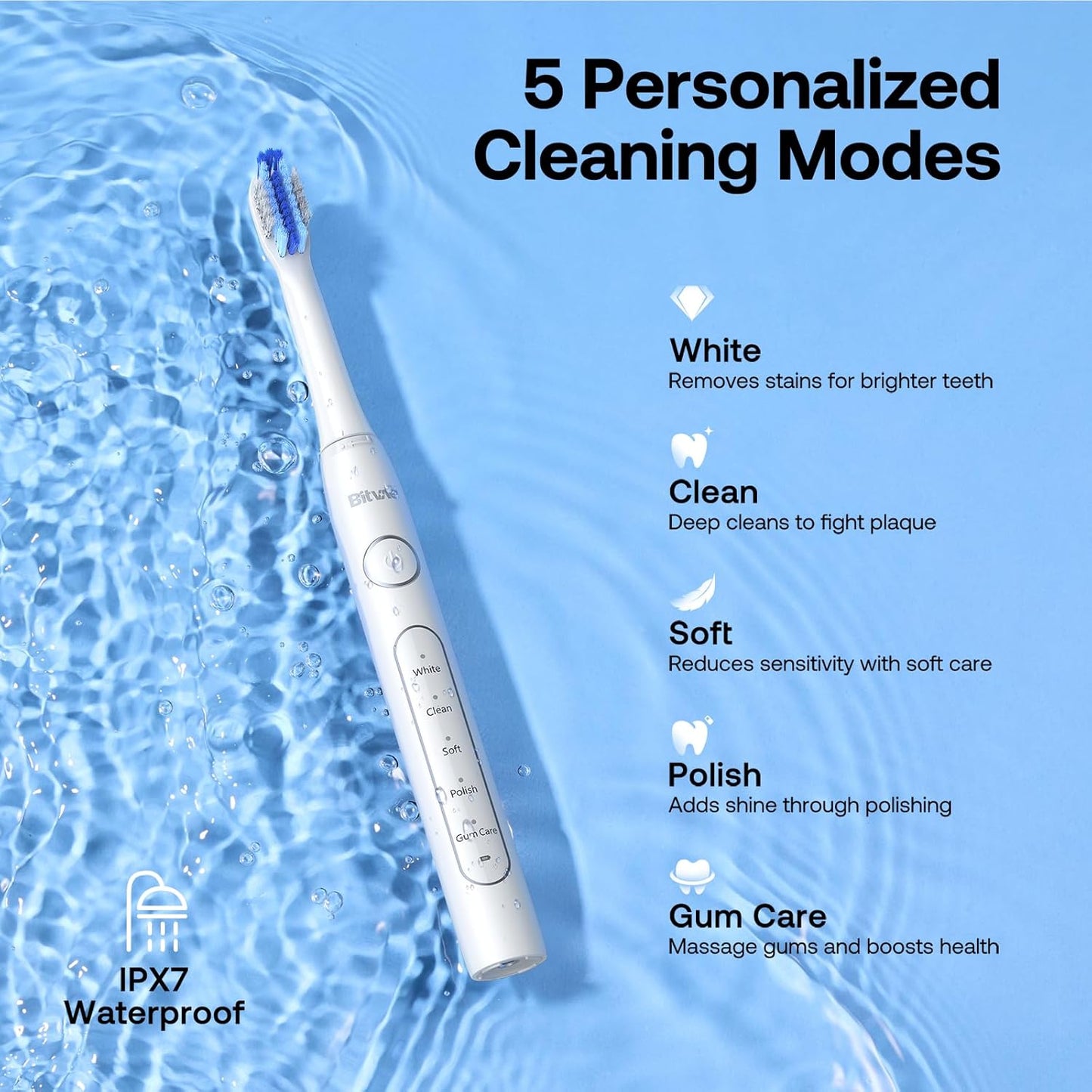 Bitvae Ultrasonic Electric Toothbrush for Adults and Kids, ADA Accepted Travel Toothbrush with Rechargeable 60-Day Battery Life, 5 Modes, 8 Heads, Case, Holder, Frost White