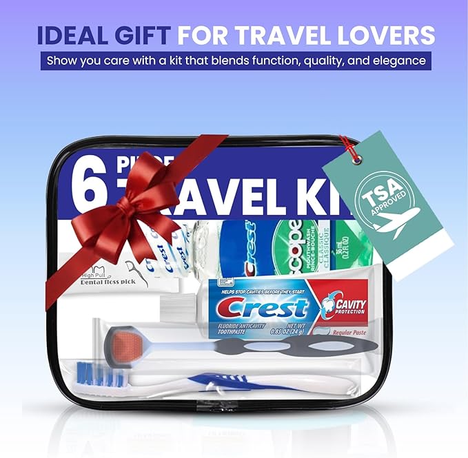 Trektote Bulk Toothpaste and Toothbrush Set- (50 Pack) 6 Piece Dental Care Kit, TSA Compliant, Includes Toothpaste, Toothbrush, Mouthwash, Flosses and Premium Toiletry Bag