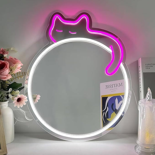 LED Mirror Neon Lights Light Up Dressing Mirror Cat/Shine Heart/Bat/Butterfly Shape Neon Mirror Sign for Modern Home Girl Room Bathroom Salon Wall Art Decor Gift For Girlfriend USB Powered