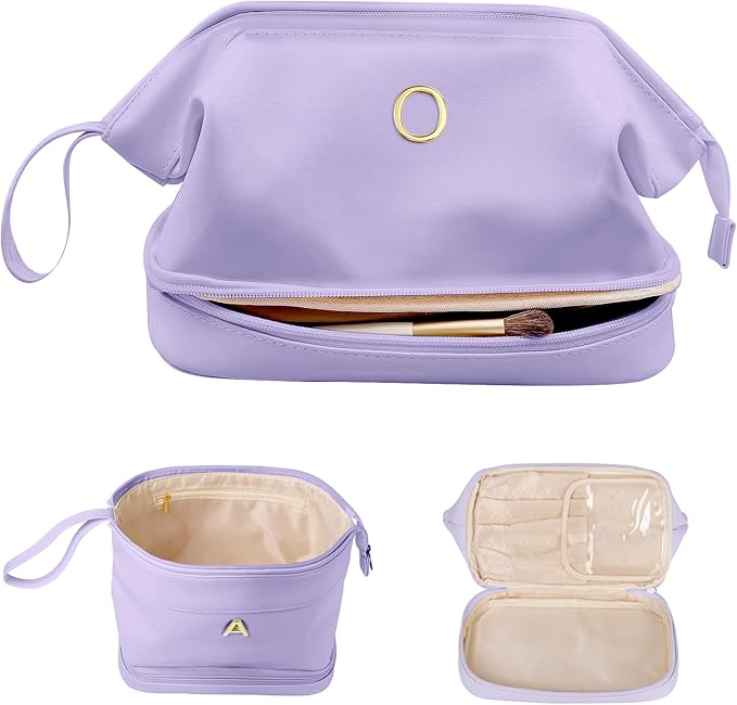 Initial Makeup Bags, Friend Gifts, Personalized Double Layer Cosmetic Bag with Makeup Brush Organizer, Waterproof, Large Capacity PU Leather Travel Toiletry Bag, Birthday Gifts for Girls
