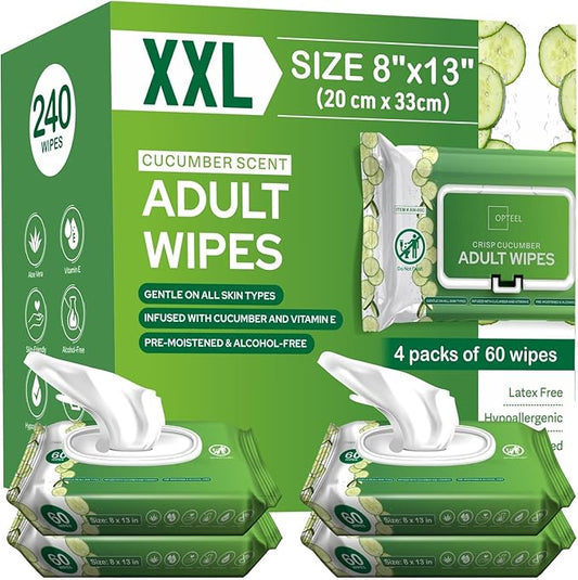 Adult Wipes Extra Large Scented - Skin-Friendly Incontinence Wet Wipes for Adults & Elderly No-Rinse Disposable Washcloths - 8x13" 4 Packs of 60 (240 Wipes)