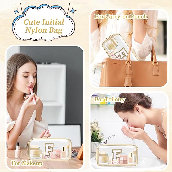 Small Clear Personalized Initial Makeup Bag,Nylon Preppy A-Z Chenille Letter Patch Cosmetic Pouch Beach Toiletry Bag,Waterproof Zipper Travel Purse Storage Bag Organizer for Women Girls(Beige-White F)