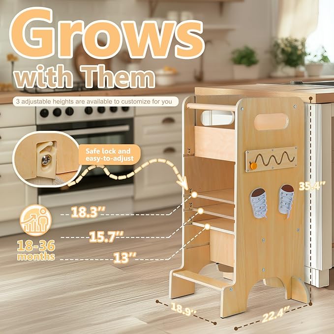 Toddler Tower 4-in-1 Multifunctional Kitchen Stool Helper with Removable Safety Board, Adjustable Heights, Slide, Highchair, Chalkboard, Montessori Games