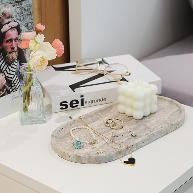 Koville Natural Travertine Tray for Bathroom Countertop, 12"x6" Vanity Decorative Marble Tray for Perfume, Candles, Jewelry, Stone Catchall Trays Jewelry Dish, Silver Stone Trays for Kitchen Counter