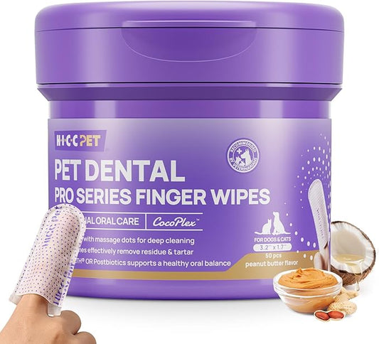 HICC PET Pro Dog Teeth Cleaning Wipes, Vet-Recommended Finger Toothbrush for Dogs & Cats, No-Rinse Dental Care Wipes, Gentle Cleansing & Gum Care, Tooth Brushing Kit Support, 50 Count (Peanut Butter)