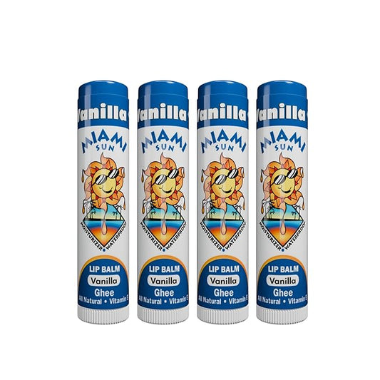 Miami Sun Natural Ghee Lip Balm, Hydrating Lip Treatment with Shea Butter & Beeswax, Organic & Non-Toxic, Best for Dry, Chapped Lips - Moisturizing, Healing, Chemical-Free Lip Care (4 Count, Vanilla)