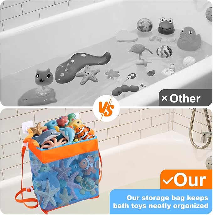 3-in-1 Bath Toy Storage Bag,Large Capacity Mesh Bath Toy Net Holder for Bathtub Shower Bathroom Pool Outdoor,Kids Bath Decor Accessories Tub Toy Organizer Basket