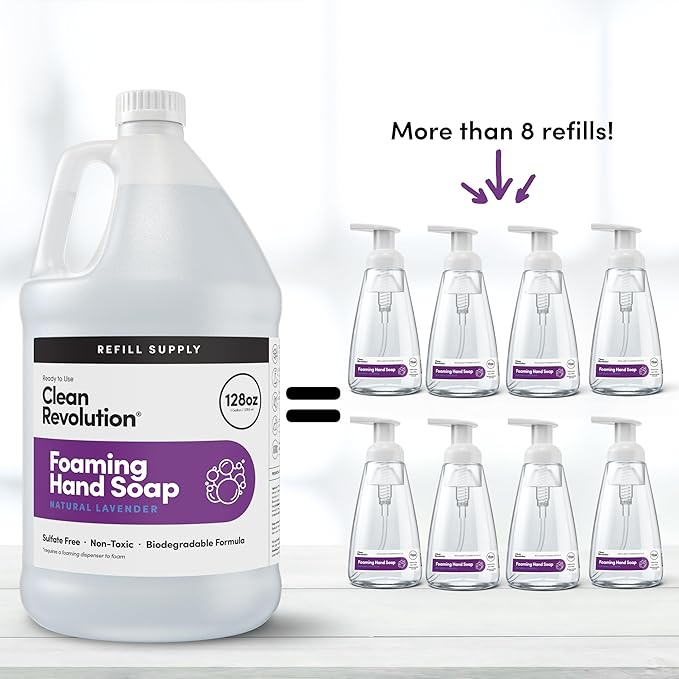 Clean Revolution Foaming Hand Soap Refill Supply Container, Ready to Use Formula, Gluten Free, Natural Lavender Fragrance, 128 Fl. Oz, 4 Pack