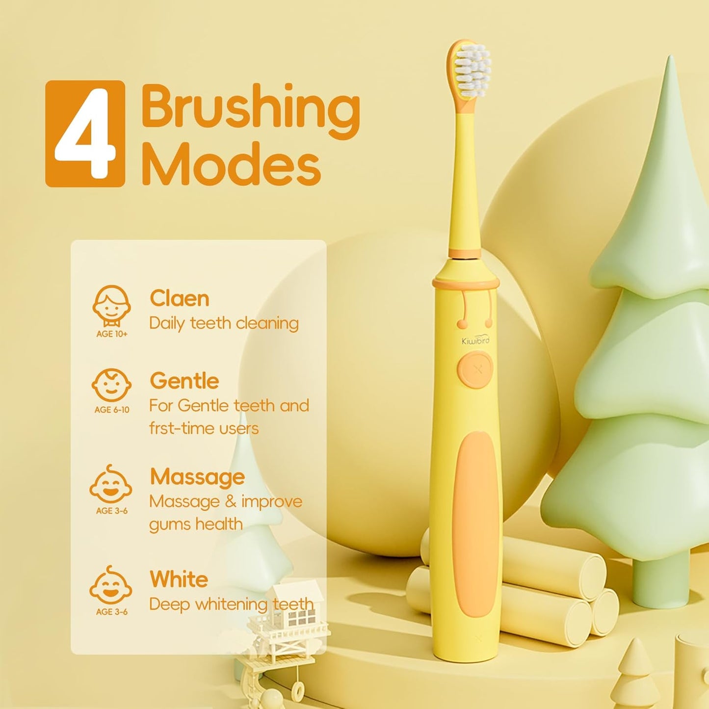 KIWIBIRD Kids Electric Toothbrush for Ages 3–10 | Toddler Sonic Toothbrush with 4 Modes & Soft Silicone Bristles | 2-Min Timer Pressure Sensor | 45-Day Rechargeable Battery | IPX8 Waterproof (Yellow)