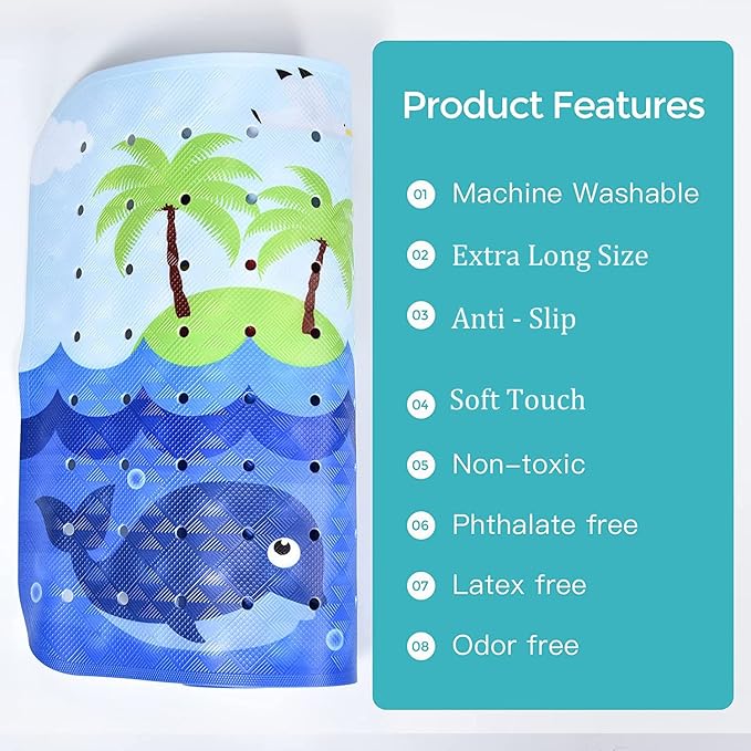 Baby Bath Mat for Tub Non Slip Kids Bathtub Mat Extra Long 40X16 Inch Toddler Bath Tub Shower Mat Anti Slip with Suction Cups & Drain Holes, Machine Washable, Ships