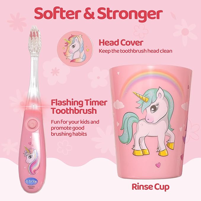 Lily's Home Kids Flashing Timer Toothbrush kids with Soft Bristles, Rising Cup & Cover - Fun 2-Min Light-Up Brushing for Children - Toddler Soft Toothbrush Kit (unicorn)