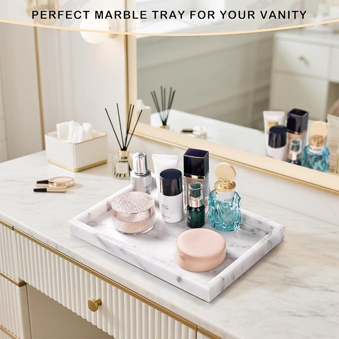 Marble Bathroom Tray for Countertop & Home Decor, Natural Decorative Marble Tray for Jewelry & Perfume Organizer, Luxury Stone Vanity Trays for Dresser, Kitchen Counter, 12" x 8", Starry White