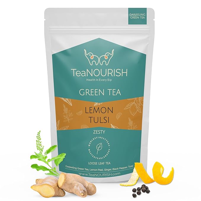 TeaNOURISH Lemon Tulsi Green Tee | Darjeeling Loose Leaf | Stress Relief Tee | Immune Support Tea | 100% Natural Ingredients | Brew 50 Cups Hot or Iced Tea - 3.53oz/100g