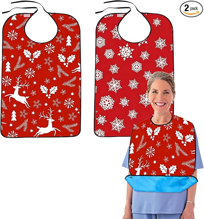 2 Pack Adult Bibs for Women, Adult Bibs for Special Needs Adults, Waterproof Leakproof Clothing Protector, Washable & Dryable Large Bib