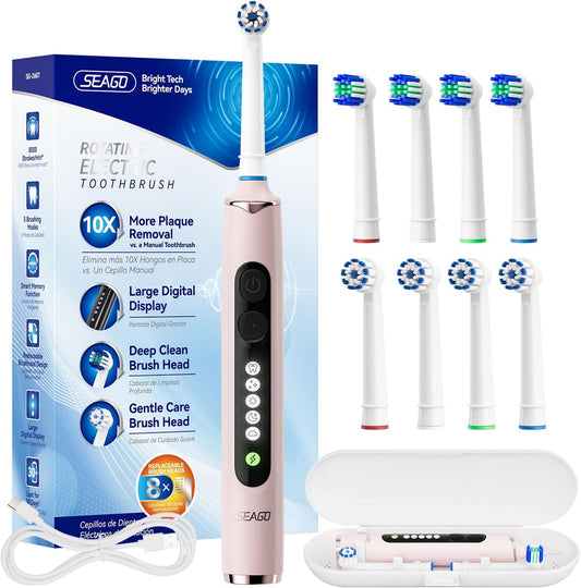 SEAGO Soft Round Electric Toothbrushes with 8 Spin Brush Heads, 5 Cleaning Modes, Rechargeable Sonic Toothbrush with Timer and Travel Case for Adults and Kids(SG-2607-Pink