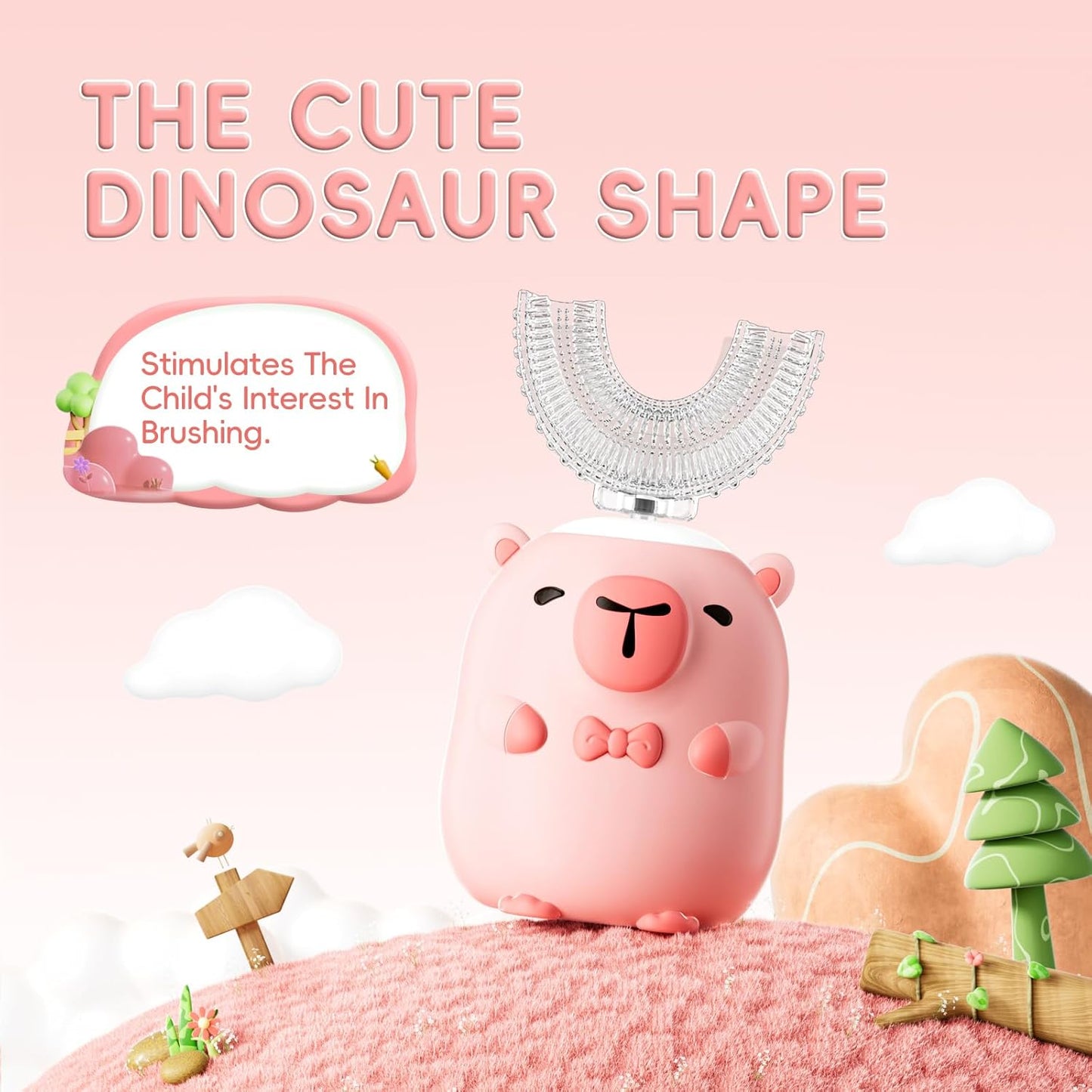 Kids Electric Toothbrush U Shaped - Cartoon Capybara with 6 Brush Heads Full Mouth Degree Cleaning Sonic Toddler Automatic Toothbrush with IPX7 Waterproof (Pink 2-14 Years)