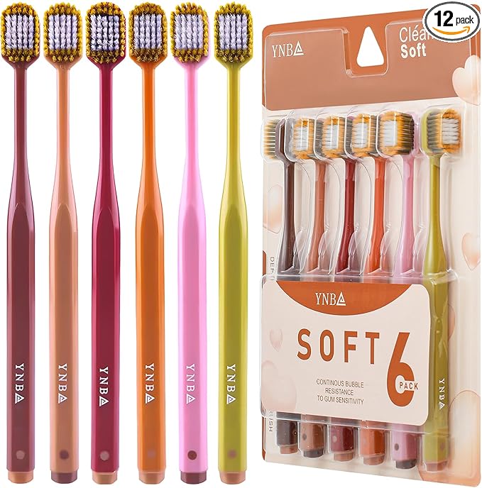 Extra Soft Toothbrush for Sensitive Gums, Wide Head Soft Bristle Toothbrush with Soft Flossing Micro Nano Bristles for Adults, Pregnant Women, Elderly, Braces, 12pcs