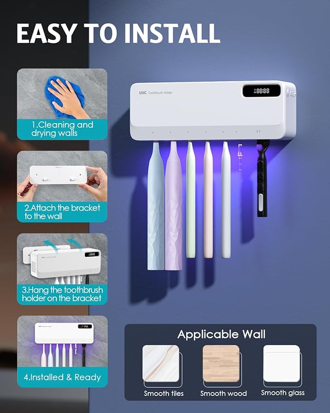 UV Toothbrush Cleaner Holder, Temracha Toothbrush Holders for Bathrooms, 5+1+1 Slots Tooth Brush Shaver Cleaner and Holder, Rechargeable Cordless Wall Mounted with Heating Functions, No Drilling