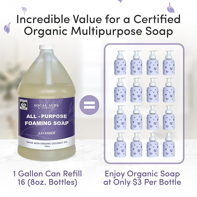 SoCal Suds & Company 128oz Certified Organic Foaming Hand & Body Wash - Gentle Natural Body,Baby & Face Wash for Sensitive Skin, Moisturizing Soap, Hand Soap and More - Lavender