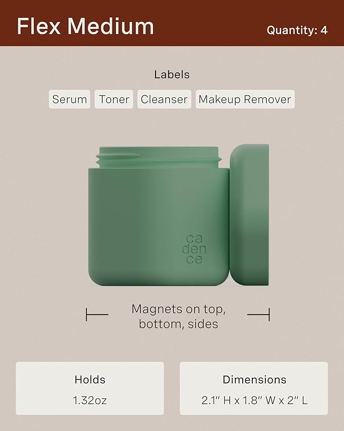 Cadence Travel Containers - Full Skincare Set - Magnetic Containers with Lids,Carry On Travel Essentials For Women/Men - 2 Small (0.56oz), 4 Medium Capsules (1.32oz), & Extender (1.43oz) - Petal