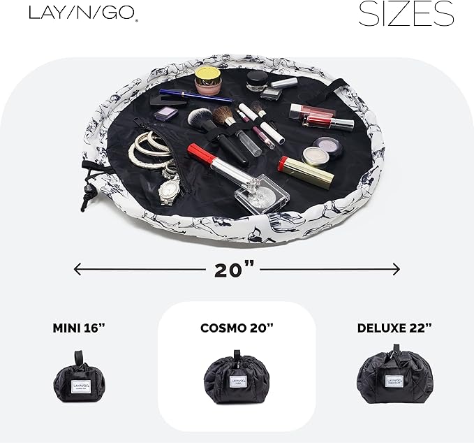 Lay-n-Go Cosmo Layflat Drawstring Cosmetic & Makeup Bag Organizer w/Zipper Pocket, Brush Loops & More, Cinch to Close, Lay Flat to Use, Durable, Machine Wash, Travel Toiletry Bag (20", Dogs)