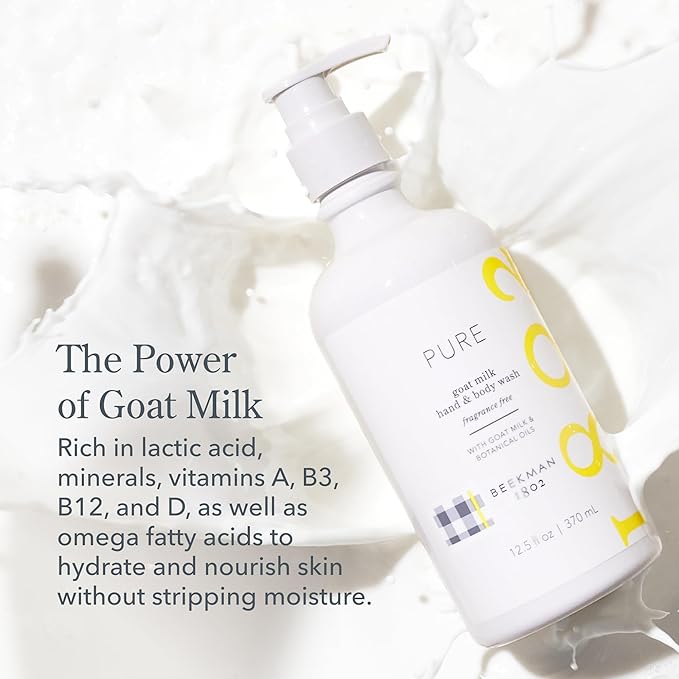 Beekman 1802 Goat Milk Hand Wash, Pure - Fragrance Free - 12.5 oz - Cleanses, Softens & Nourishes Skin - Rinses Away Impurities - Good for Sensitive Skin - Cruelty Free - Ready For Use, Pump Inserted