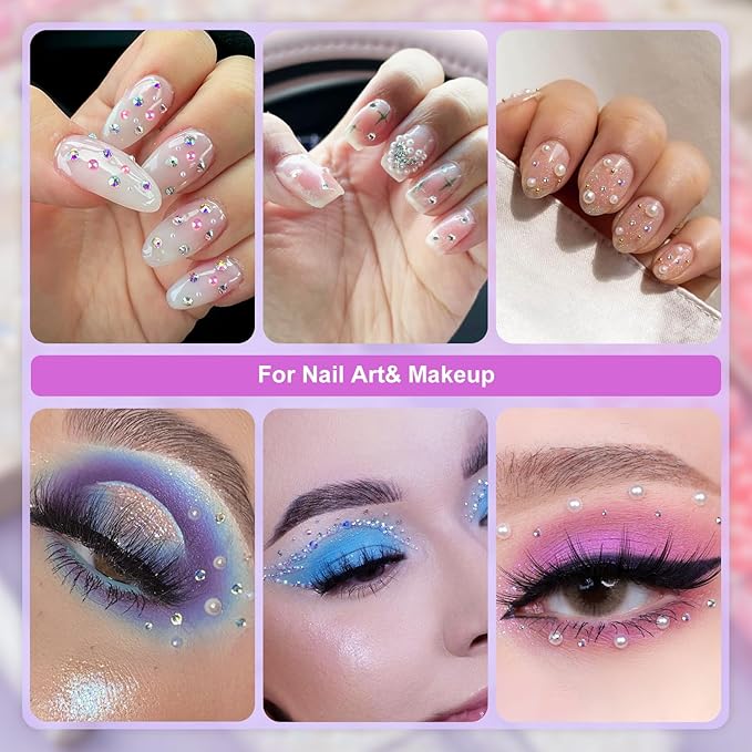 2 Boxes Flat Back Pearls Kit 14 Flatback White&Blue Mermaid Half Round Pearls 2-8mm with Pickup Pencil and Tweezer for Home DIY and Nail Art, Face Makeup and Craft