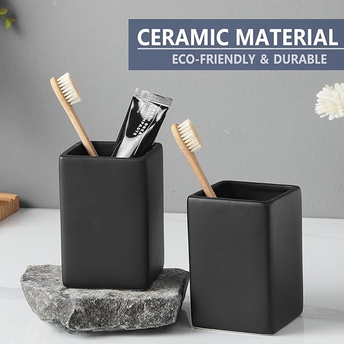 Ceramic Black Square Toothbrush Holder for Bathrooms - 1 Cup Square Toothbrush Toothpaste Holders, Bathroom Tumbler Cup Reusable Toothbrush Mouthwash Cup, Bathroom Counter Organizer.