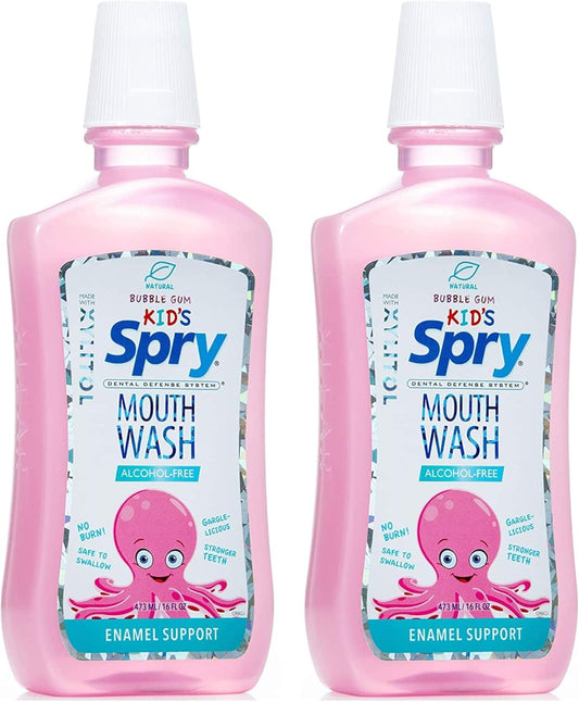 Spry Natural Xylitol Mouthwash Fluoride Free with Enamel Support, Alcohol-Free, Gentle, Non-GMO, Bubble Gum - 16 fl oz (Pack of 2)