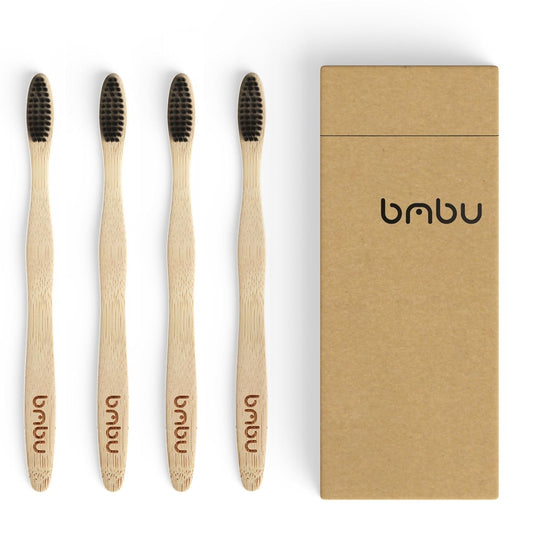 bmbu Bamboo Toothbrush 4 Pack - Medium/Soft Charcoal Bristles Tooth Brushes Wooden Handle - BPA Free, Eco Friendly, Vegan Product Gift Idea, Sustainably Grown in Recycled Biodegradable Packaging