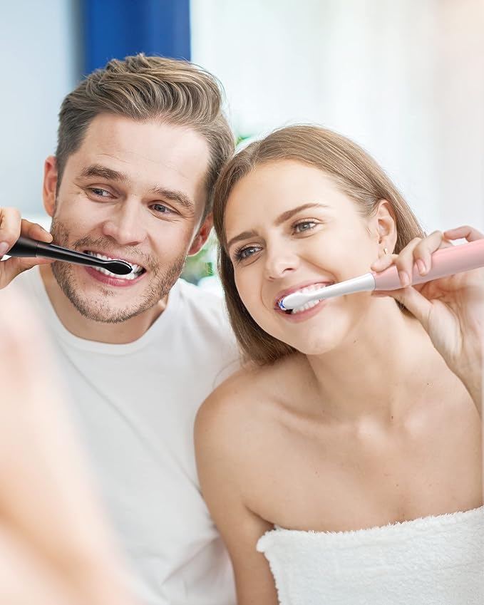 Bitvae Electric Toothbrushes 2 Pack With Holders, Ultrasonic Electronic 8 Brush Heads 5 Modes, Rechargeable Power for 30 Days Using, Black & Pink