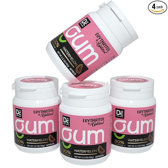 DC24 DAILY CARE Xylitol Chewing Gum with Erythritol, Aspartame Free & Sugar Free Gum for Dry Mouth, Low-Calorie, Sugarless, Watermelon, 60-Piece Pack, 4 Packs