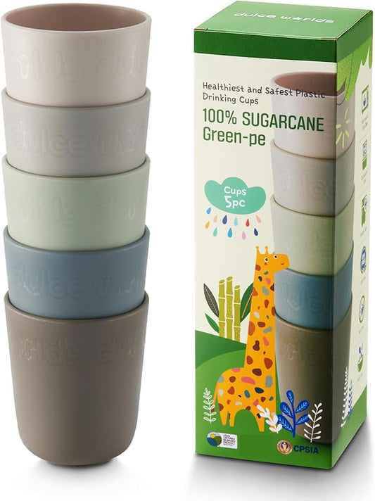 SUGARCANE Kids Cup 10 oz - 5 Pack, USDA & LFGB Certified Toddler Cup - BPA Free - Dishwasher Safe, Reusable, Unbreakable - Gray Blue