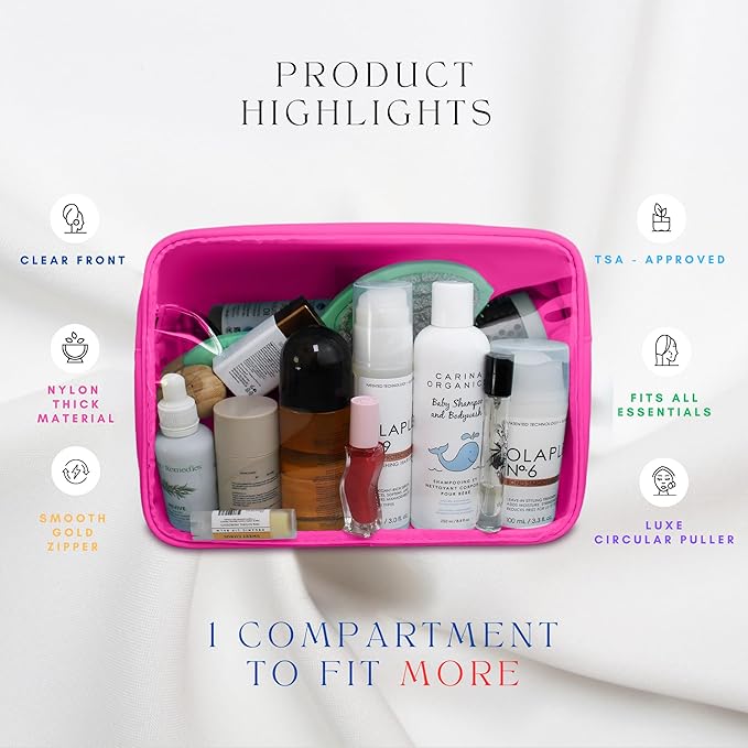 DANCOUR Clear Makeup Bag Large Makeup Bag Big Makeup Bag Large Pouch Clear Pouch Large Cosmetic Bag Huge Cosmetic Pouch Clear Cosmetic Bag Travel Case Pouch Travel Cosmetic Case TSA (Large, Hot Pink)