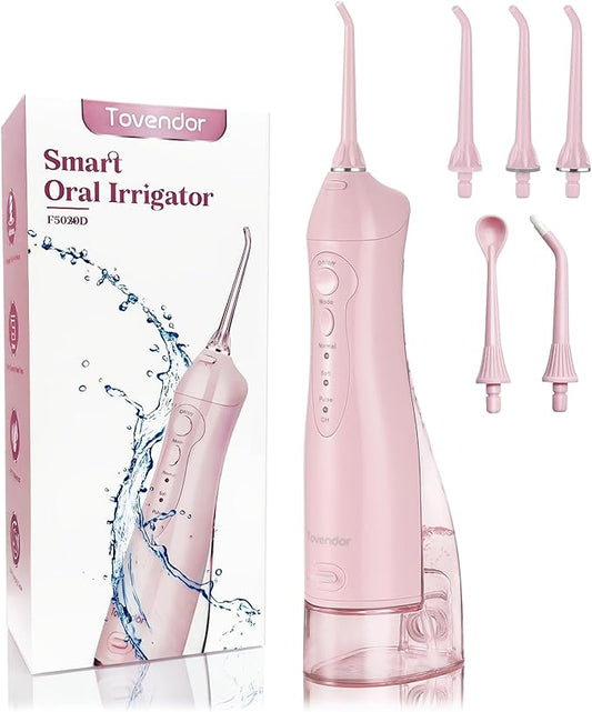 TOVENDOR Electric Water Dental Flosser Teeth Pick, Cordless Flossers Oral Irrigator IPX7 Waterproof 300ML Rechargeable Travel Water Teeth Cleaner with 5 Tips for Home Braces Care Gums Deep Cleaning