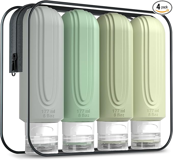 Travel Bottles for Toiletries, Large 6oz Oversize Containers, BPA Free Leak Proof Tubs Refillable Liquid Traveler Accessories with Toiletry Bag for Cometic Shampoo and Lotion Soap (4 Pack)