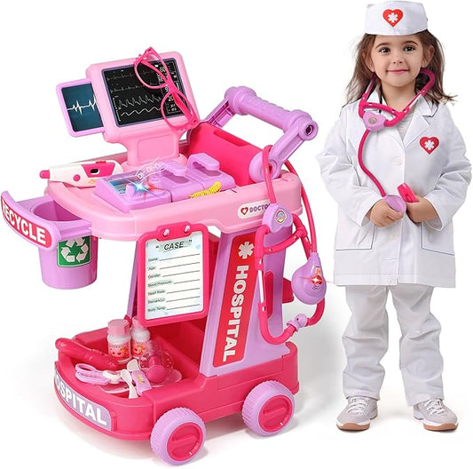 Liberry Doctor Kit for Toddlers Ages 2 3 4 5, Pretend Kids Doctor Playset with Cart, Costume and Stethoscope, Role Play Medical Toys Christmas Birthday Gift for Girls Boys (Pink)