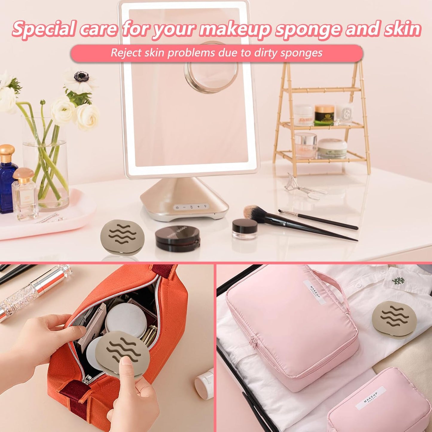 2PCS TIKIUKI Makeup Sponge Holder Beauty Blender Bolder Makeup Sponge Case Breathable Make Up Sponge Case Essentials Suitable for Business or Travel（Rose+Khaki）