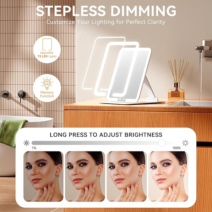 Auxmir Travel Makeup Mirror with Light, Portable Folding Lighted Travel Makeup Mirror with 72 LEDs, Rechargeable Compact Vanity Mirror with 3 Dimmable Color Lights, Adjustable Height and Angle, White